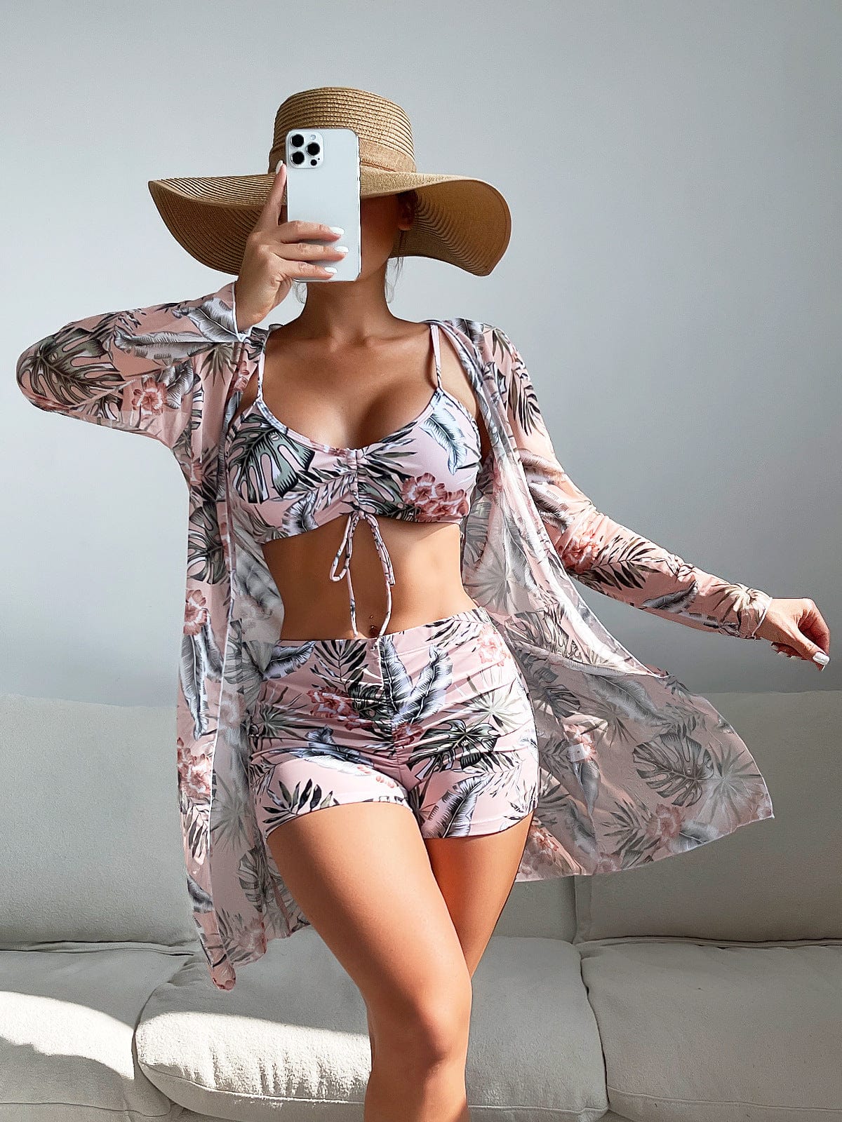 S / No.14 OOTN 2023 Summer Push Up Beach Bathing Suit Tropical High Waist Bikini three piece swim set Sexy Long Sleeve Cover Up Swimsuit