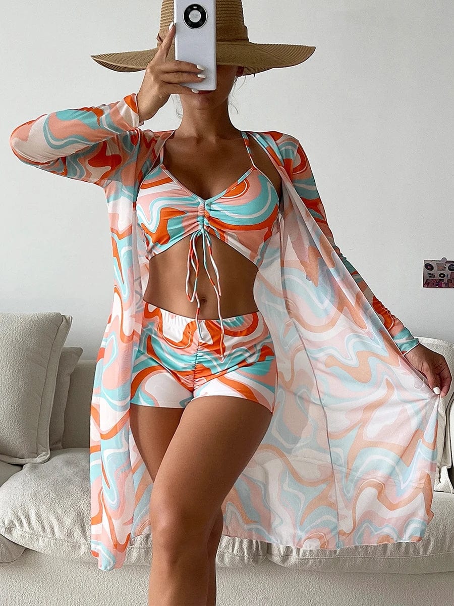 S / No.8 OOTN 2023 Summer Push Up Beach Bathing Suit Tropical High Waist Bikini three piece swim set Sexy Long Sleeve Cover Up Swimsuit