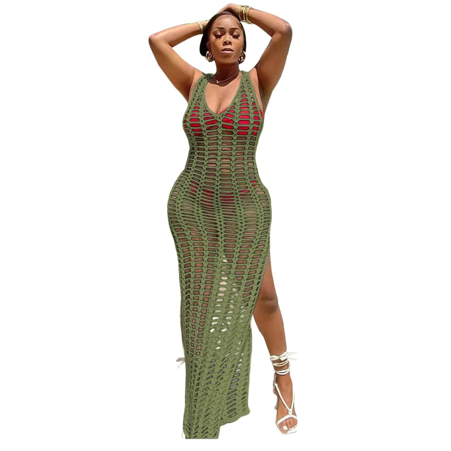 S / olive New Style Fringe Hollow Out Swimwear Siamese Swimming Costume Women Cover UP Bathing Suits swimdress Tassel Swimwear