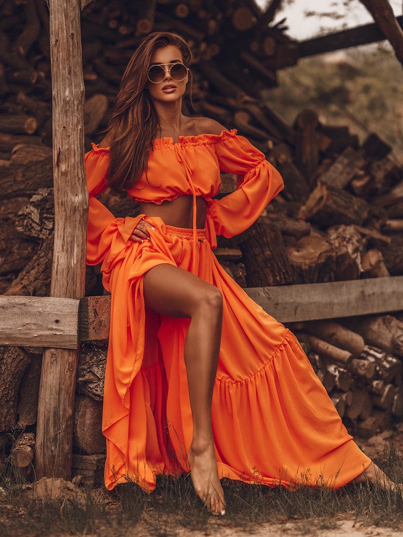 S / Orange 2022 New Spring&Fall Sexy Chiffon dress set Long Sleeve Maxi Skirts two piece set dresses autumn maxi dress