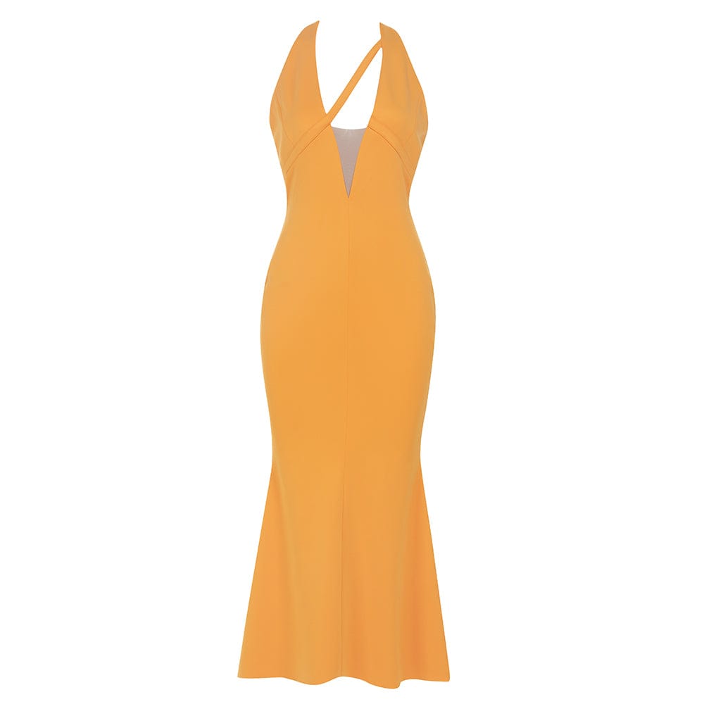 S / Orange BH7678 Kimshein Women Elegant Clothing New Halter Sexy V Neck With Mesh Bodycon Bandage Ladies Party Dresses Evening Dinner