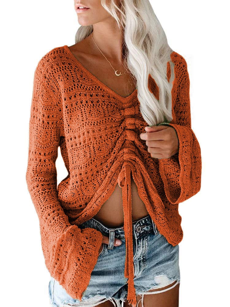 S / Orange fashion hollow out knitted blouses women casual top 2022 autumn drawstring v neck knit pullover sweater top