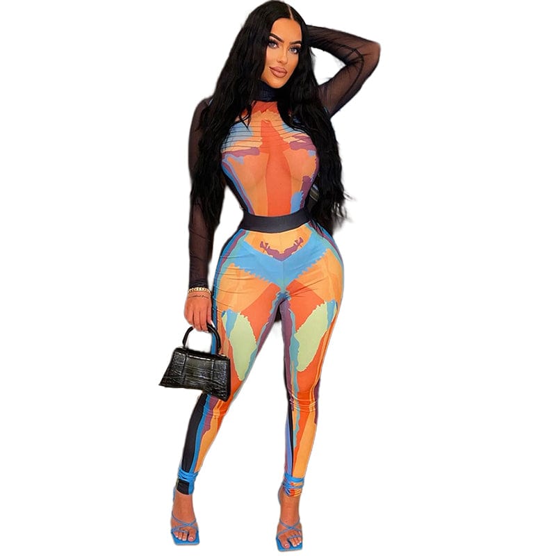 S / Orange Kliou K22S23399 Sexy fashion party fashion suit Long sleeve mesh translucent jumpsuit + tight pants printed 2 Piece set women