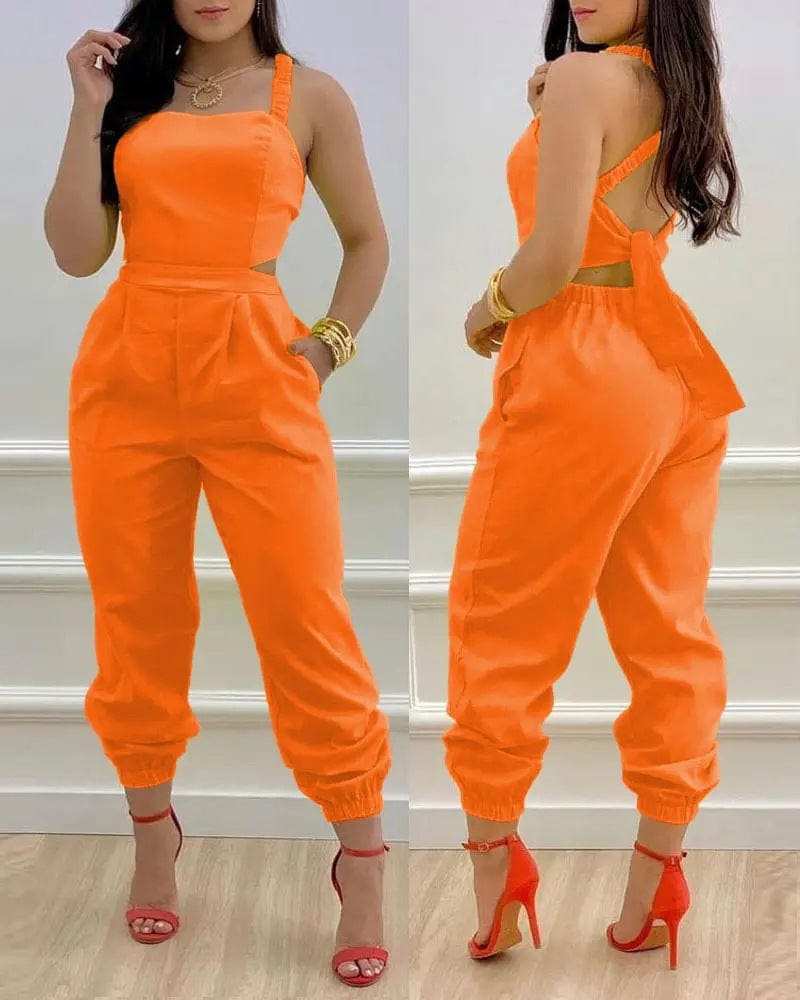 S / Orange Wholesale Women's Loose Cut Out One Piece Jumpsuit Workout Sleeveless Backless  Cargo Jumpsuits Women 2022