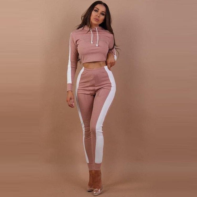 S / Pink 2022  Wholesale Ladies Crop Top Drawstring Hoody Splicing Joggers Fitness Cropped Top Hoodie 2 Piece Set Women