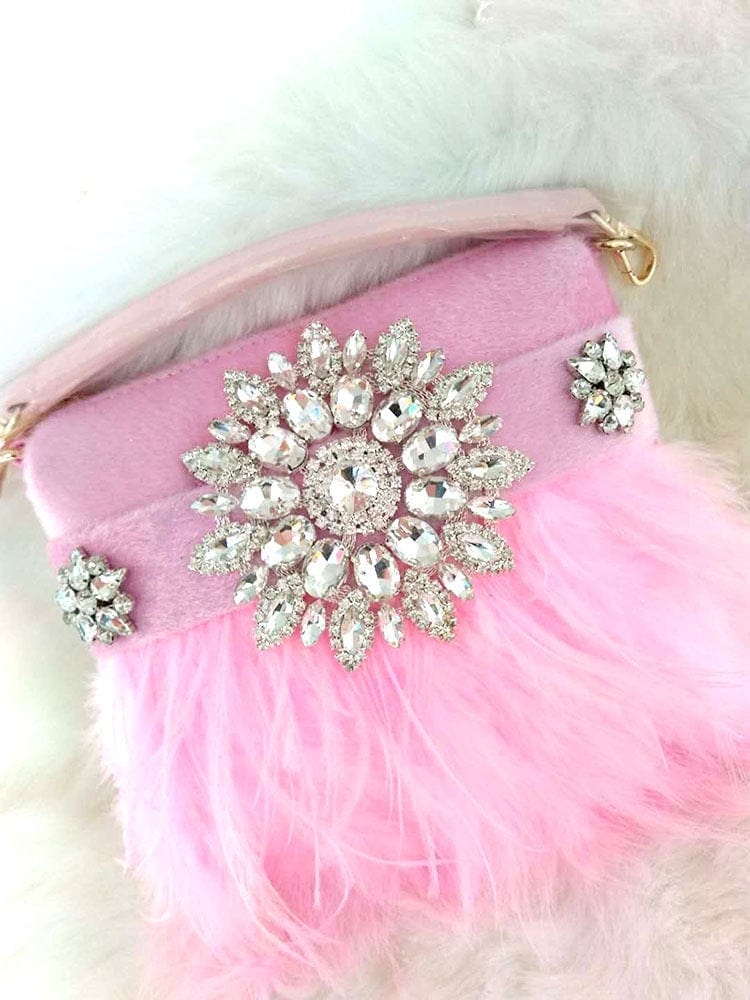 S / Pink Designer Wedding Party Handbag Rhinestone Feather Evening Tote Bag Ladies Luxury Ostrich Fur Women Purse and Handbag