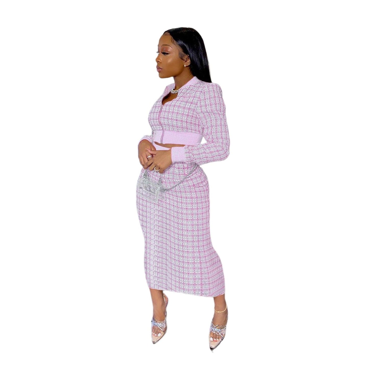 S / Pink Fall Sets 2022 Printed Threaded Plaid 2 Two Piece Set Women Long Sleeve Jackets Bodycon Mid Skirts Suit