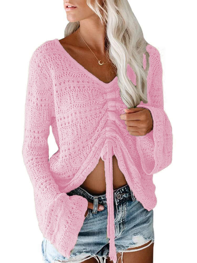 S / Pink fashion hollow out knitted blouses women casual top 2022 autumn drawstring v neck knit pullover sweater top