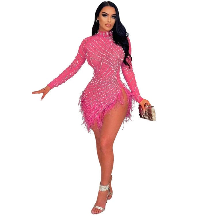 S / Pink New Long Sleeve Diamonds Sexy Bodycon Mesh See Through Party Dresses for Women Feather Pearls Black Irregular Club Dress