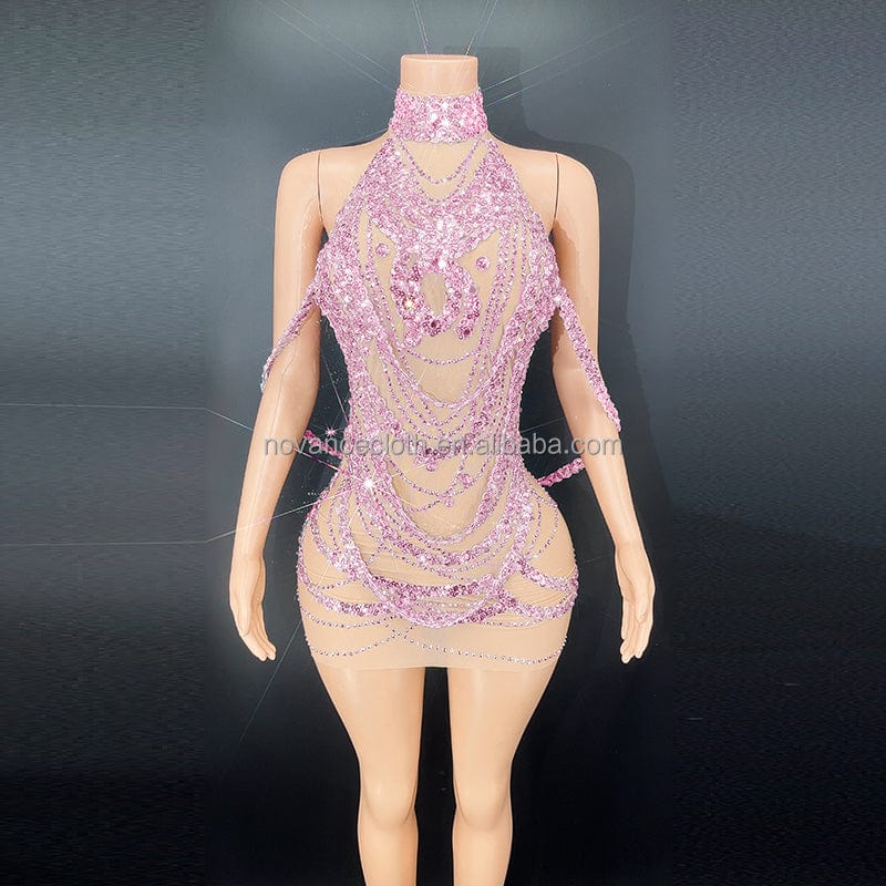 S / Pink Novance Y2653 Hot Items 2022 New Years Products Sexy Hollow Out Shiny Crystals Black Ball Dresses Prom Evening Mini Dresses