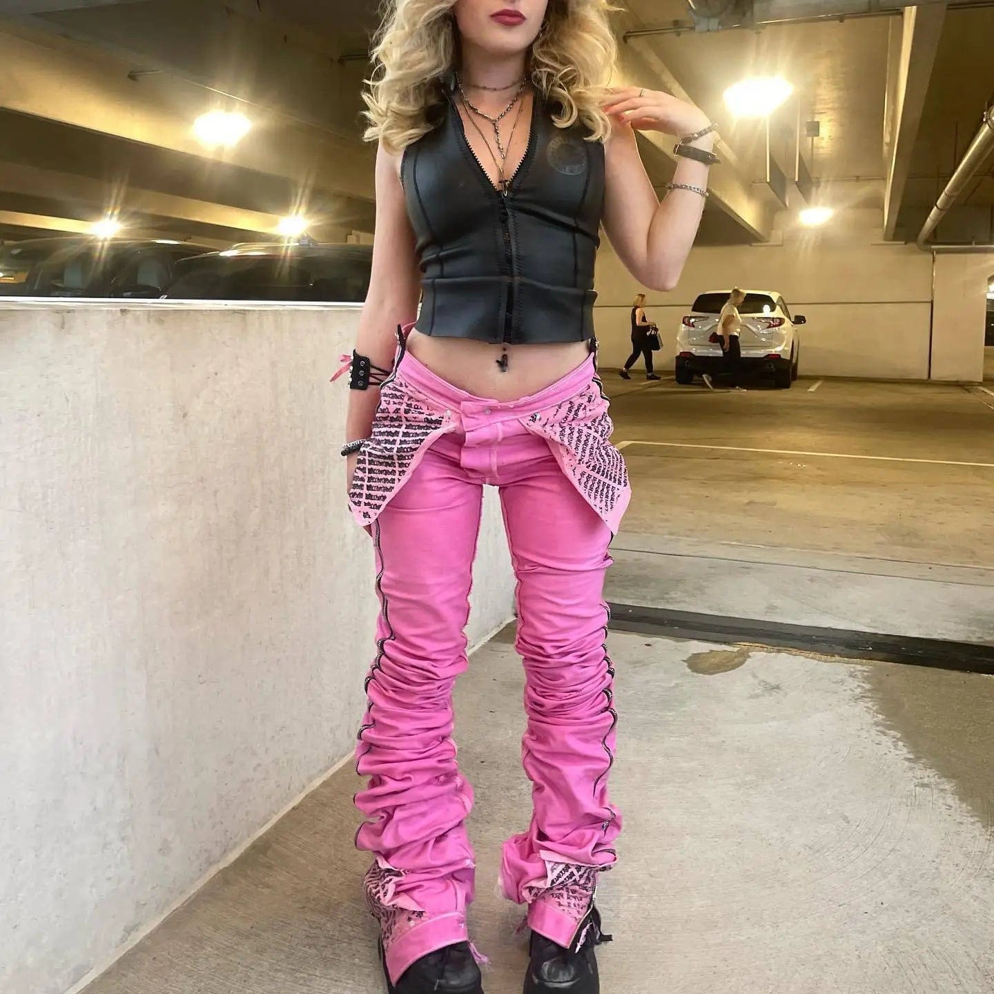 S / Pink OUDINA New Streetwear Jeans For Women 2024 Slimming High-draping Spliced Pleated Straight Leg Pants For Women