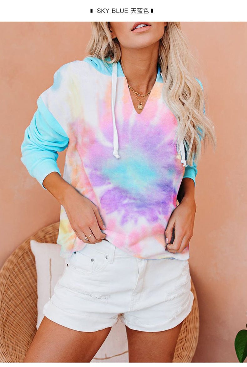 S / Purple blue Long sleeved hooded sweater womens tie dye T shirt hoodies