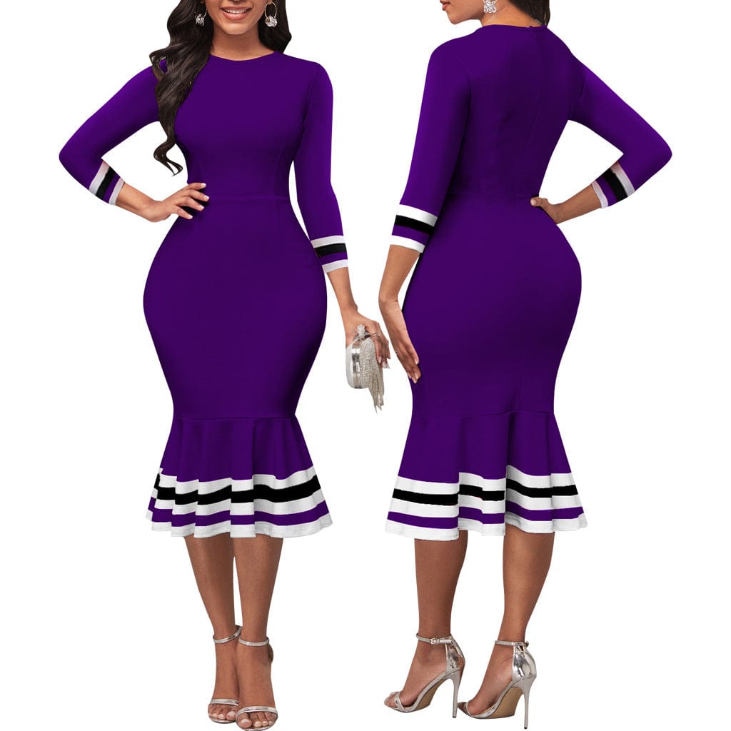 S / Purple C1103TA8 New Arrival Striped Print Ruffles Bodycon Office Dress Women Sehe Fashion