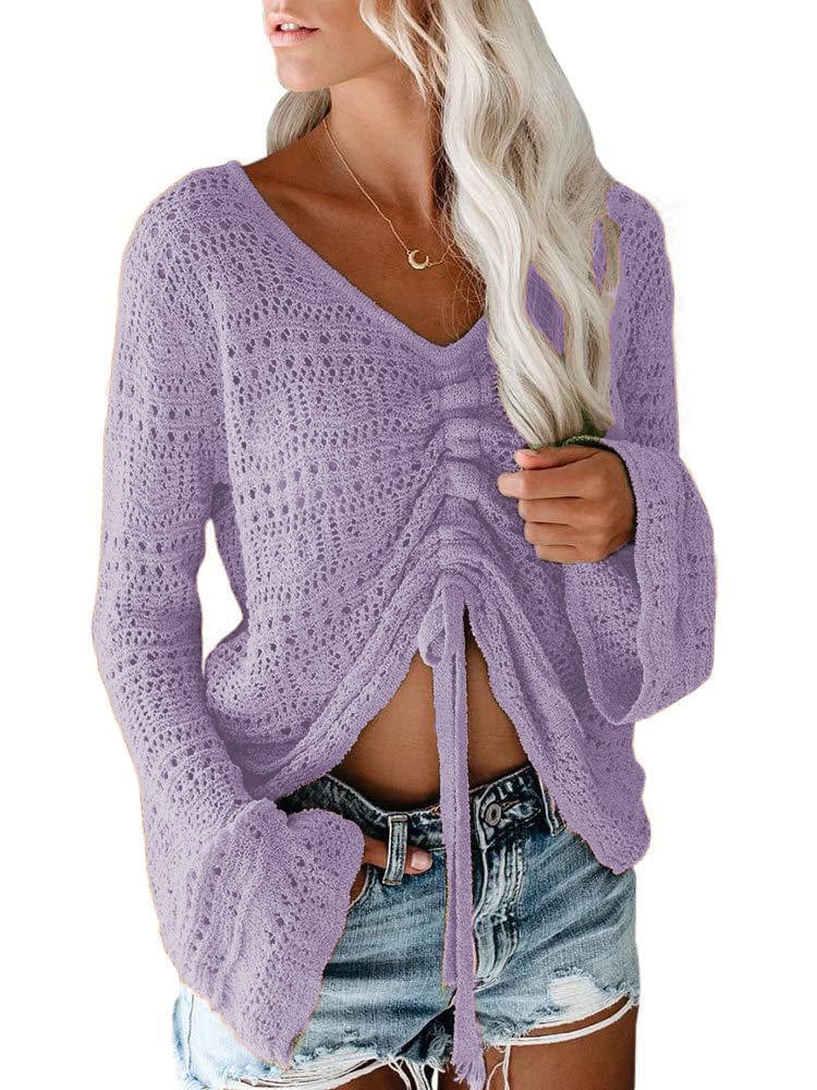 S / Purple fashion hollow out knitted blouses women casual top 2022 autumn drawstring v neck knit pullover sweater top