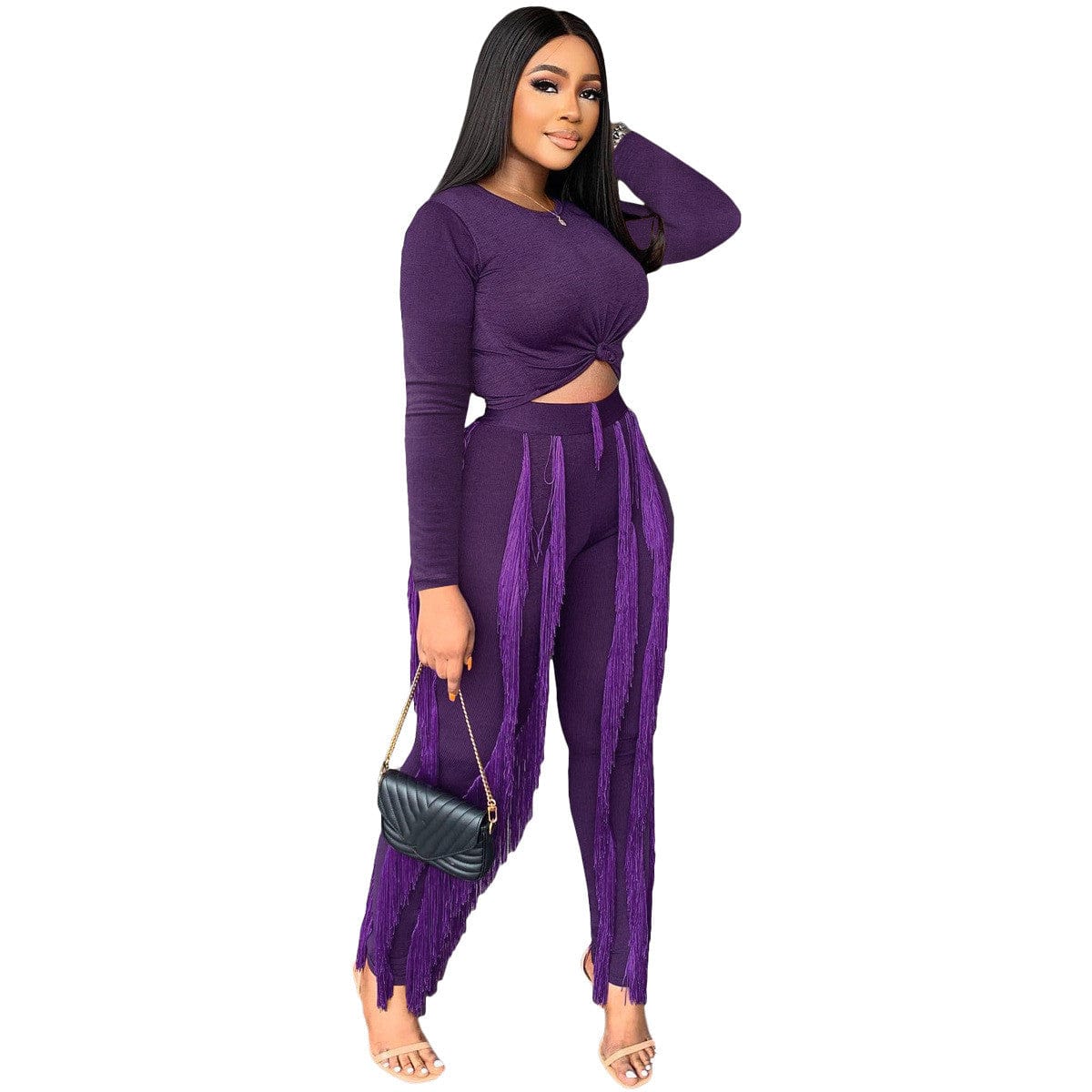 S / Purple New 2022 Fall 2 Piece Sets Women Long Sleeve Sport Casual Tassels Two Piece Pants Set Tracksuit Women Jogger Suit Women's Sets