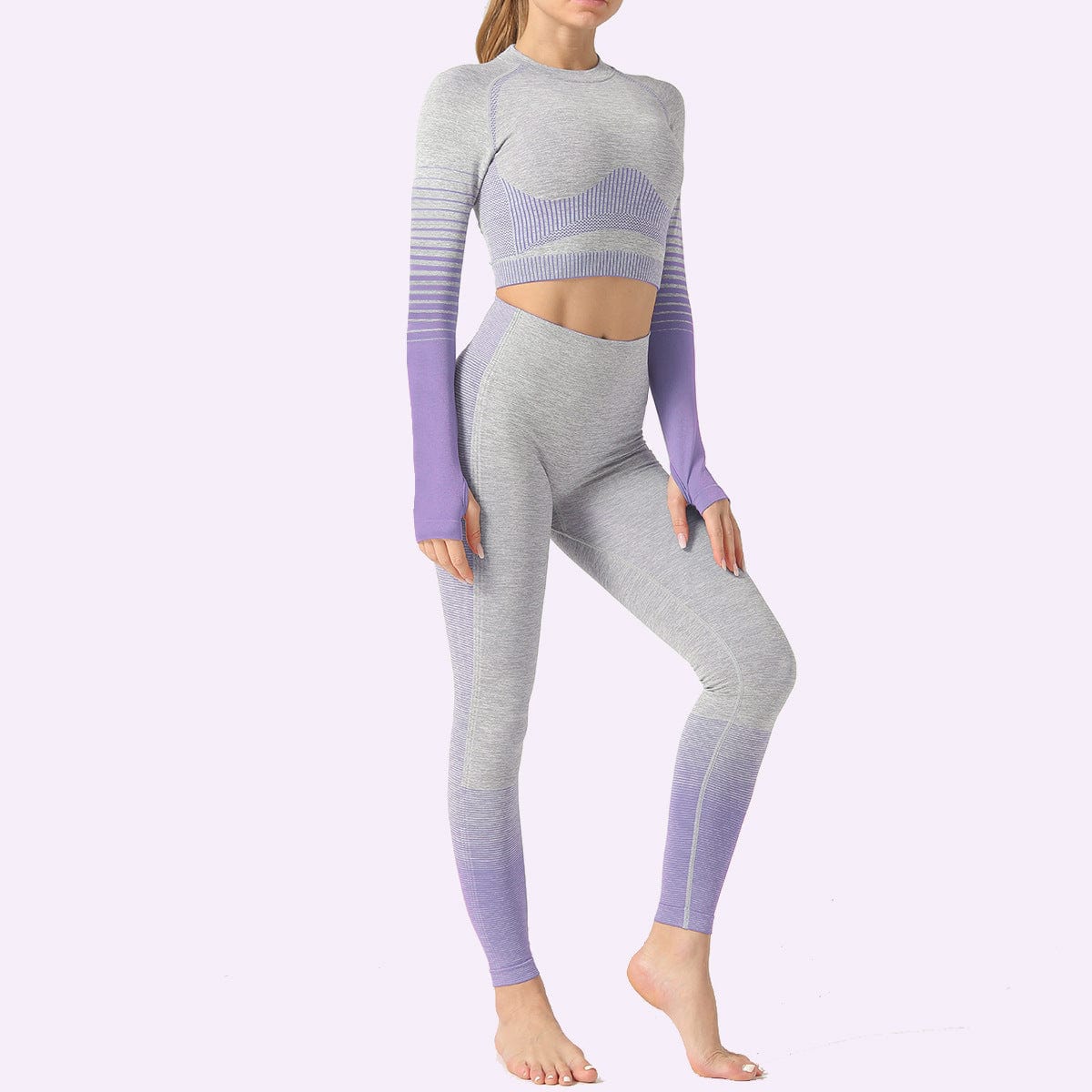 S / Purple New Stripe Long Sleeve Seamless Knit Butt Lift Mesh High Waist Yoga Set Woman