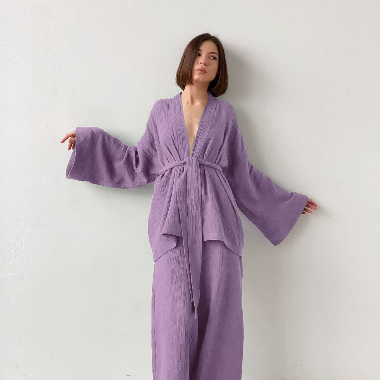 S / Purple OOTN Ladies Sleepwear Suit Women's Home Service Mujer Kimono Pajamas 2023 New 100% Cotton Crepe Long-Sleeved Trousers