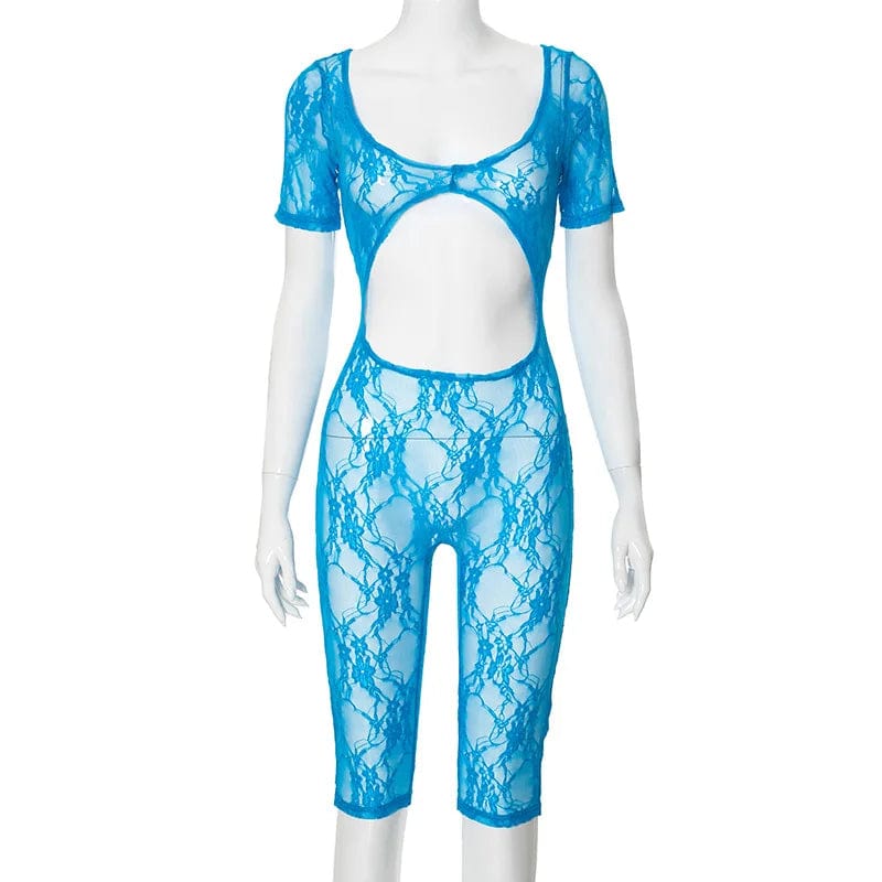 S / R23RP265 blue CUTENOVA R23RP265 New Fashion 2024 Stretchy Sexy Hollow Out Lace See Through Mesh Jumpsuit  Women