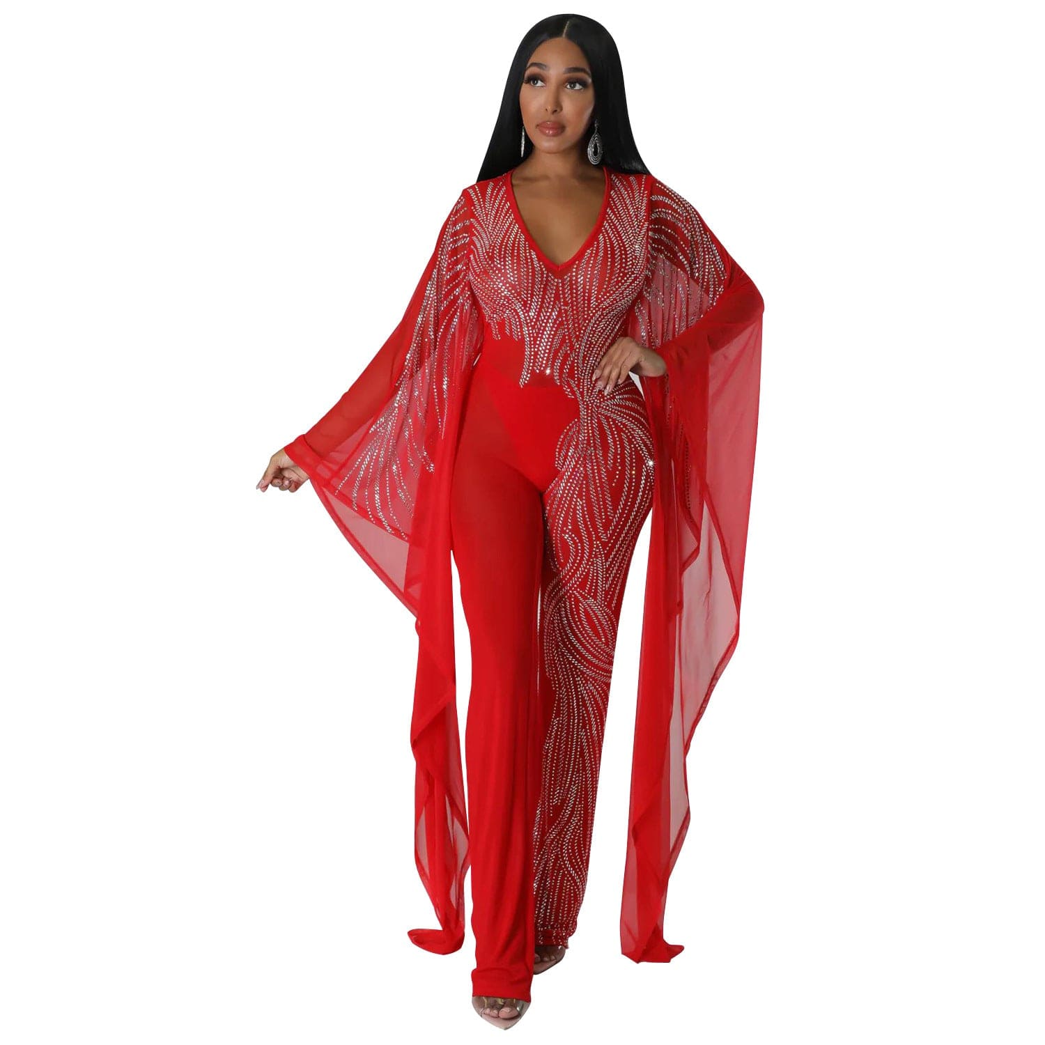 S / Red C1102TA60 Trendy Design Sexy Sheer Mesh Spliced Rhinestone Club One Piece Jumpsuit Women Sehe Fashion