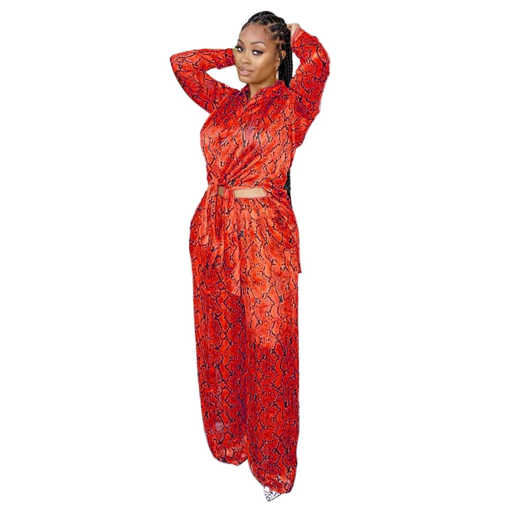 S / Red C1102TA93 New Arrival Casual Print Long Shirt Wide Leg Pants 2 Piece Set Women Sehe Fashion