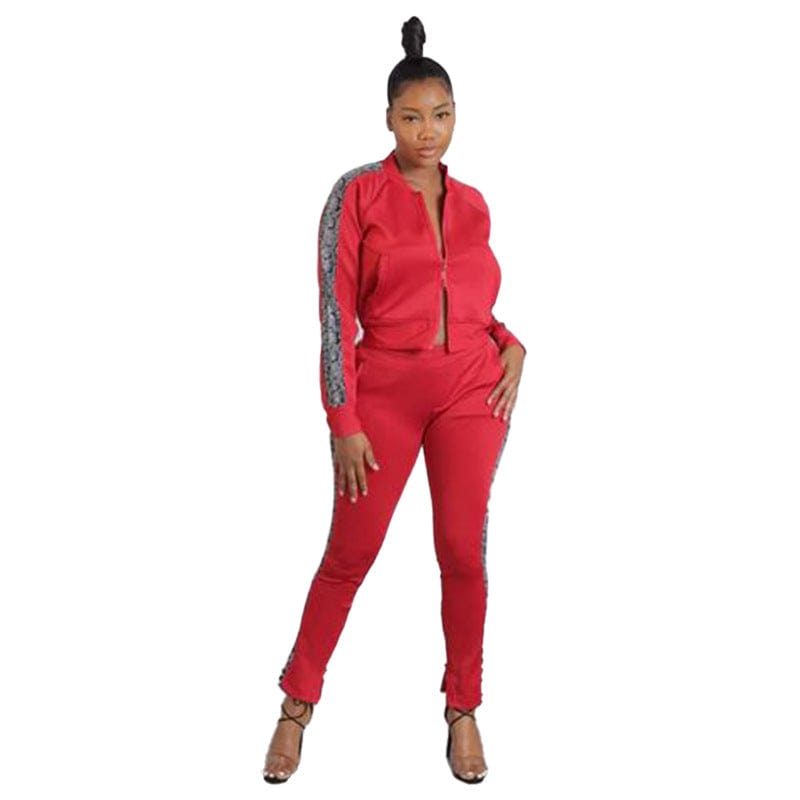 S / Red C1102TA99 New Design Casual Zipper Coat Print Jogging Two Piece Pants Set Women Sehe Fashion