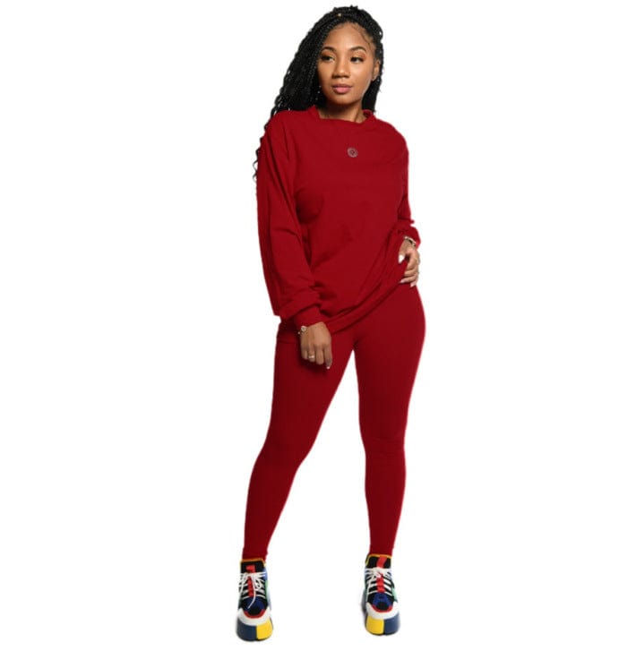 S / Red cotton women 2 piece sets clothing fall long sleeve two piece pants set for women