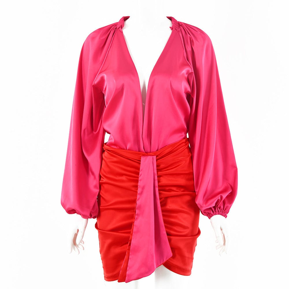 S / Red J&H 2023 hot sale puff sleeve two tone satin 2 piece skirts set women sexy deep V bodysuit shirt top and ruched mini skirts