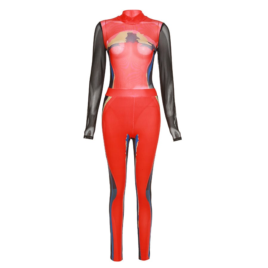 S / Red Kliou K22S23399 Sexy fashion party fashion suit Long sleeve mesh translucent jumpsuit + tight pants printed 2 Piece set women