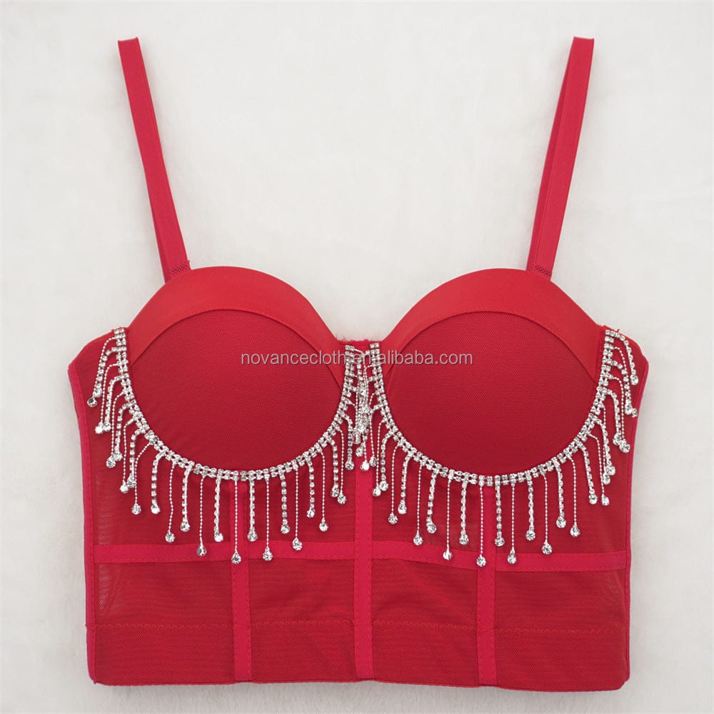 S / Red NOVANCE tops de mujer de moda 2022 sexy hot girls suspenders diamond fringed white crop top short slim camisoles