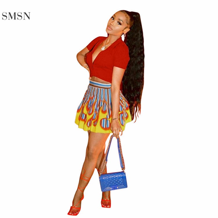 S / Red OSINA Good Quality Crop Top Two Piece Mini Print Skirt Set Women Clothing Short Sleeve Womens Two Piece Set