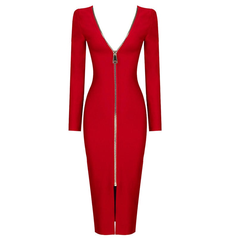 S / Red OUDINA Fashion Elegant Casual Zipper Female Evening Dress Women's Ladies Long Sleeve Bodycon Long Bandage