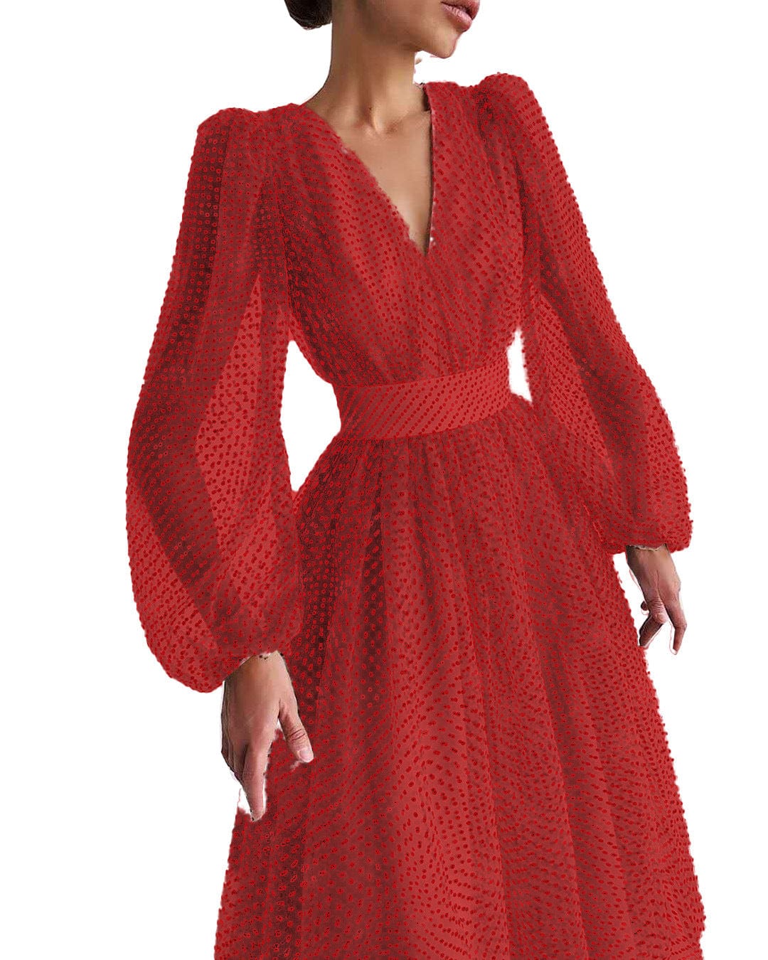 S / Red OUDINA Fashion Temperament Formal Elegant Party Lady Puff Sleeve Polka Dot Dress Womens Dresses