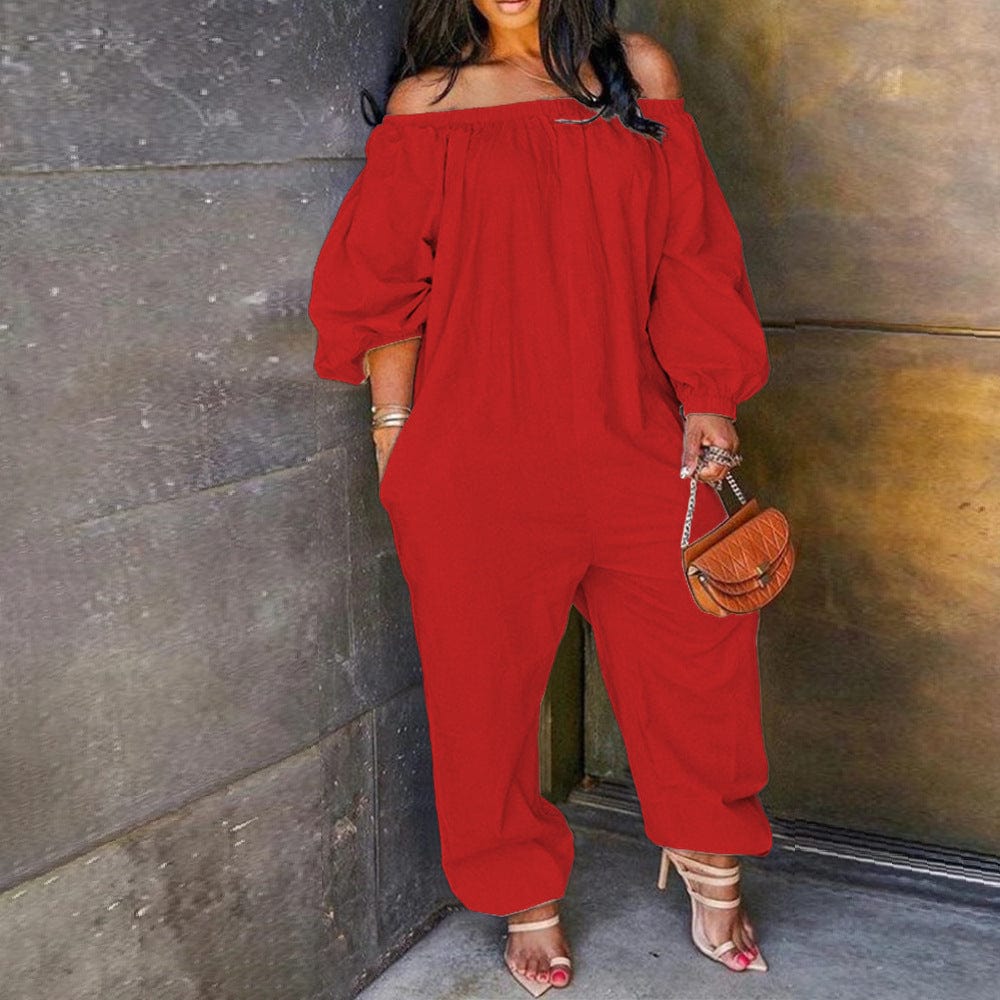 S / Red Wholesale 2022 fashion off the shoulder 1 piece jumpsuit loose casual one piece pants jumpsuit women