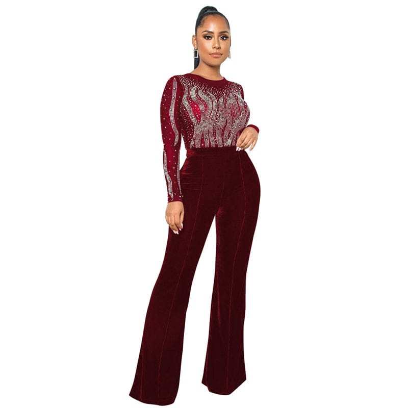 S / Red wine spring 2023 festival crystal rhinestone mesh sheer patchwork velvet pants long sleeve romper jumpsuit rhinestones women outfit