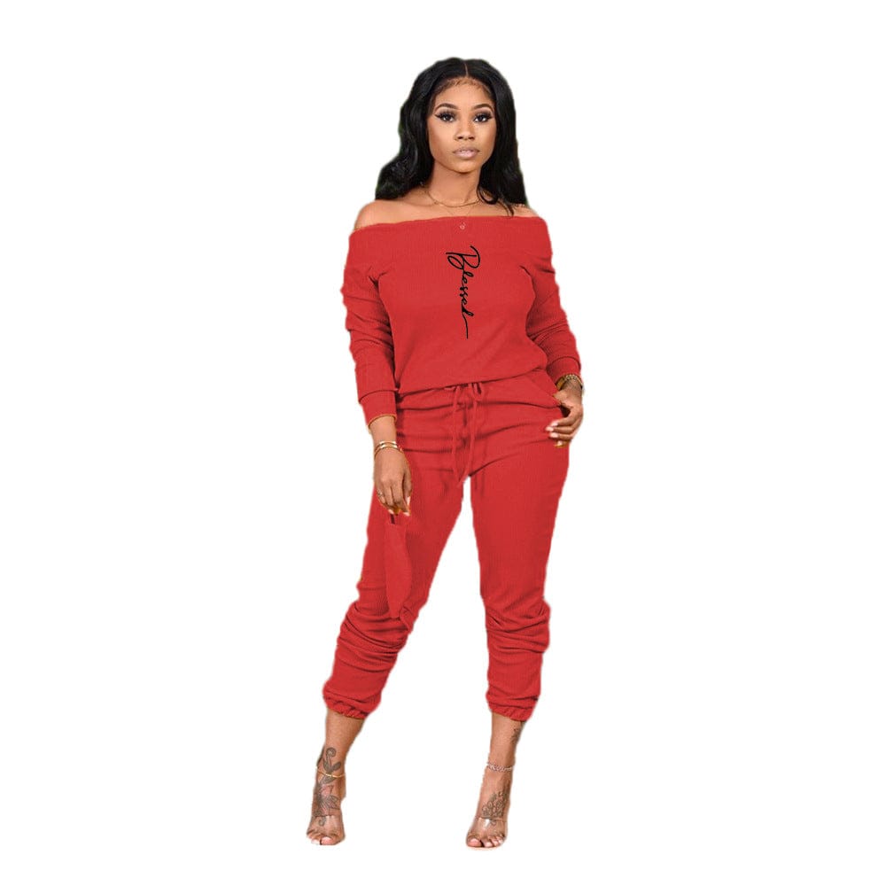 S / Red Z67972 Fall Fashion Off Shoulder women Casual Print two piece pants set