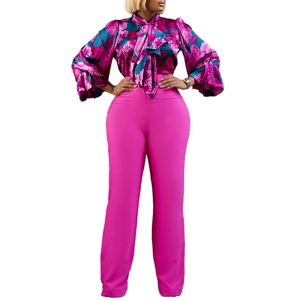 S / Rose Red C1102ME66 High Quality Casual Floral Print Shirt Office Two Piece Pants Set Women Sehe Fashion