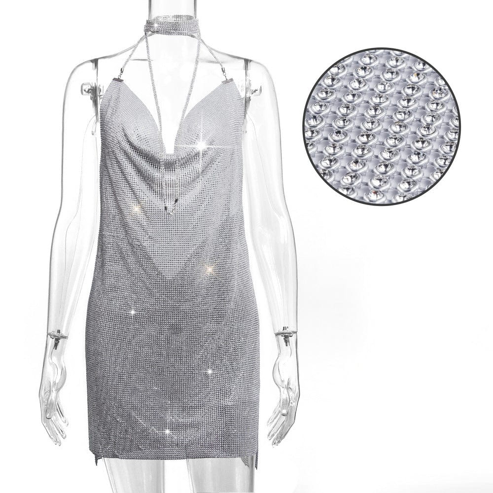 S / silver LH627-1 2022 Ladies Fashion Suspender Dress Casual Metal Sequins Mesh Night Club Wear Women Fashion Midi Sexy Dresses