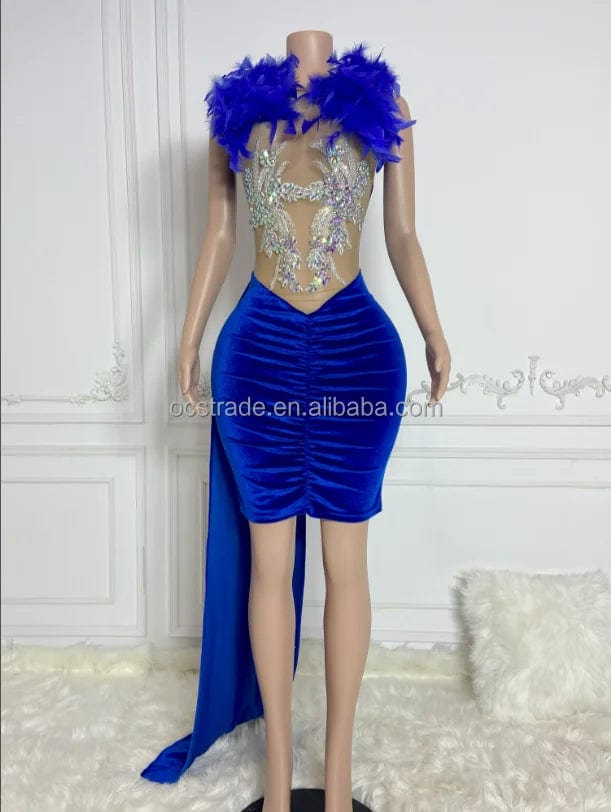 S / TH23071301 blue Ocstrade IN Stock Velvet Long Hem  Blue Feather Rhinestone Birthday Party Dresses Sexy Mini Club Dress