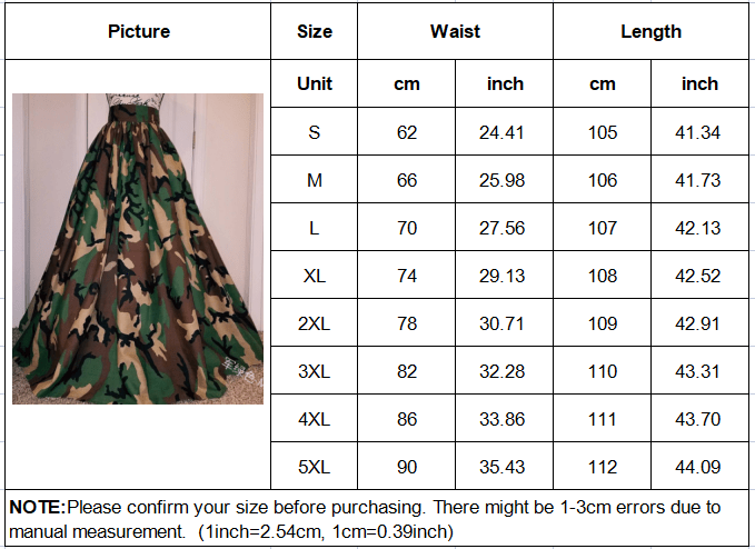 S to 4XL new style women's fashion casual printing camouflage A-line skirt mopping floor high waist long skirt