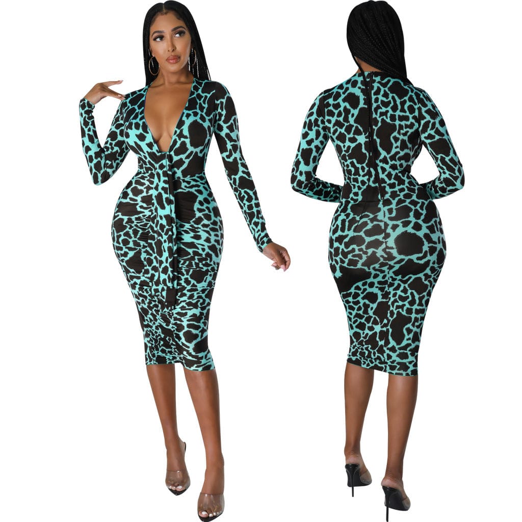 S / Turquoise C1103TA50 Wholesale Sexy Deep V Leopard Print Bodycon Pleated Dress Women Sehe Fashion