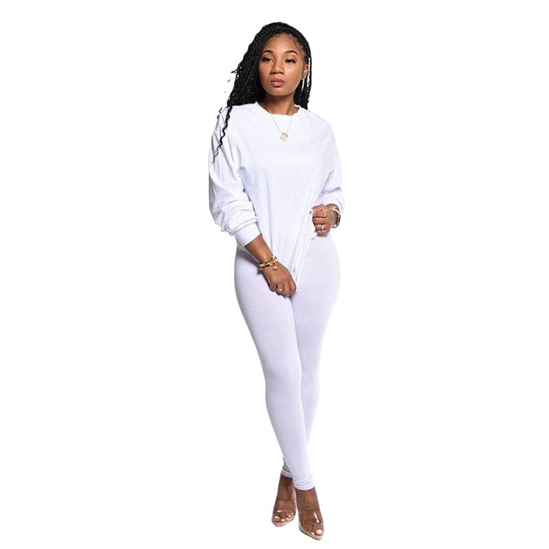 S / White cotton women 2 piece sets clothing fall long sleeve two piece pants set for women