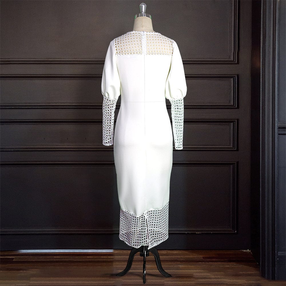 S / White Fall White Patchwork Hollow Out Lantern Sleeve Office Career Women Dresses