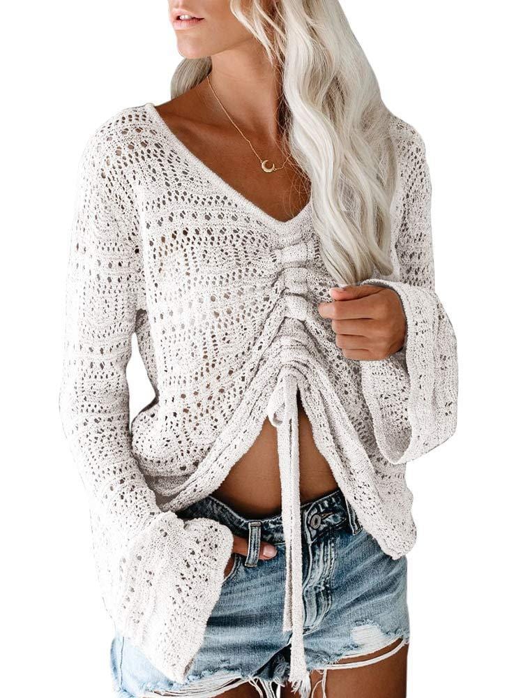 S / White fashion hollow out knitted blouses women casual top 2022 autumn drawstring v neck knit pullover sweater top