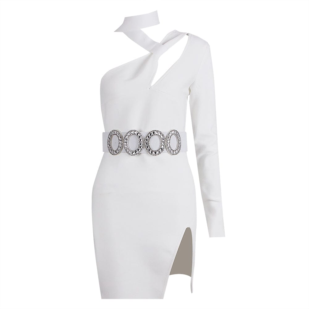 S / White FD2270 Kimshein Stylish New Halter One Shoulder Long Sleeve Sexy Hollow Out  Crystal Belt Split Mini Bodycon Club Dress Women