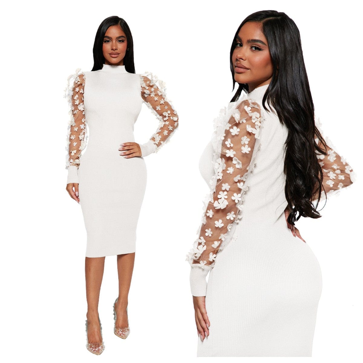 S / White Foma 2022 fall round neck strap mesh sleeve 3d flower patchwork fashion elegant bodycon midi casual dress