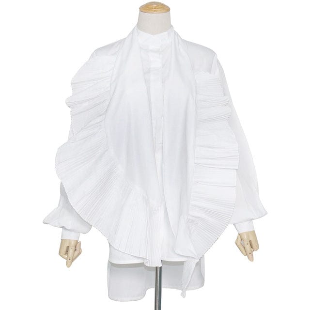 S / White GetSpring Women Blouse Cotton White Shirt Irregular Pleated Shirts Long Sleeve Loose Ladies Tops Fashion Long Shirt Spring