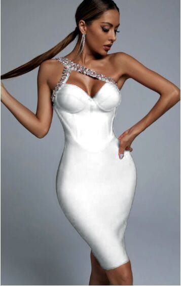 S / White high quality 2022 slash neck crystal dress Rhinestone strap Mujer ladies evening party slim dress Women sexy Sleeveless Dresses