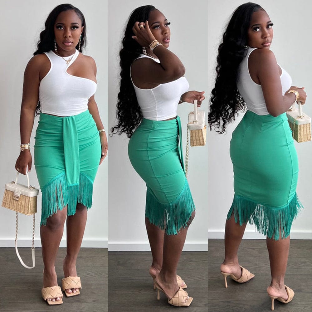 S / white + light green Fashion Skirt Two Piece Set Round Neck Irregular Tank Top Tassel Skirt Short Outfit Women 2 Piece Set Clothing