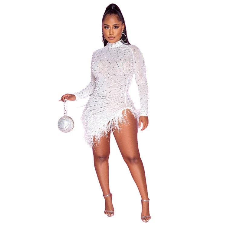 S / White New Long Sleeve Diamonds Sexy Bodycon Mesh See Through Party Dresses for Women Feather Pearls Black Irregular Club Dress