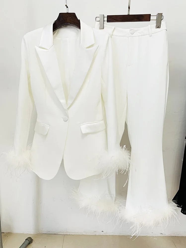 S / White New Style Fashion Pink Ladies Clothes Two Pieces Suit Set Long Pants Business Blazer With Feathers